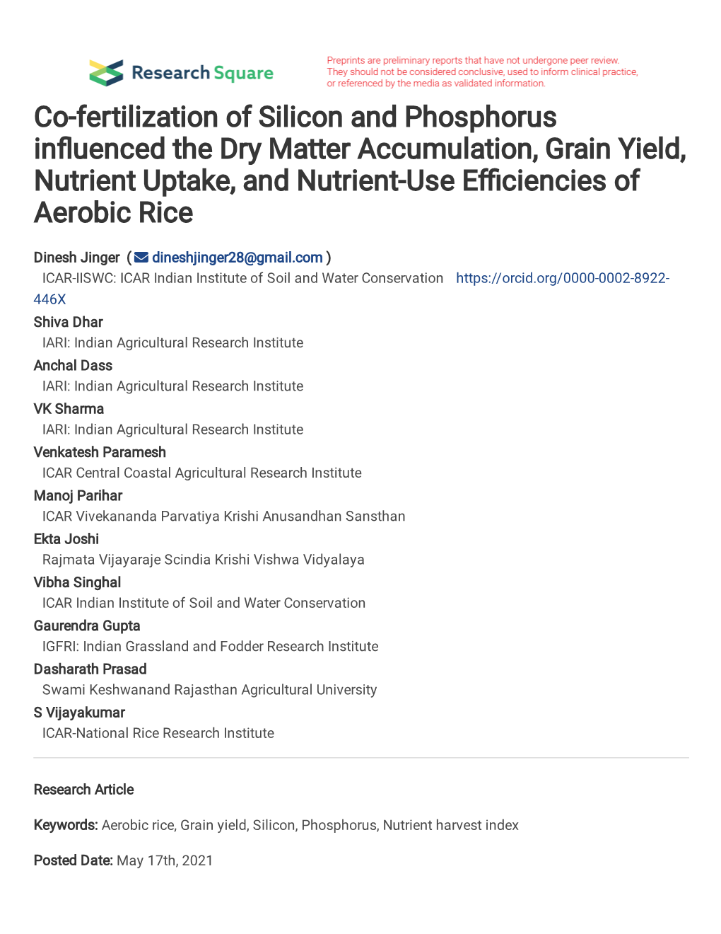 Co-Fertilization of Silicon and Phosphorus in Uenced the Dry