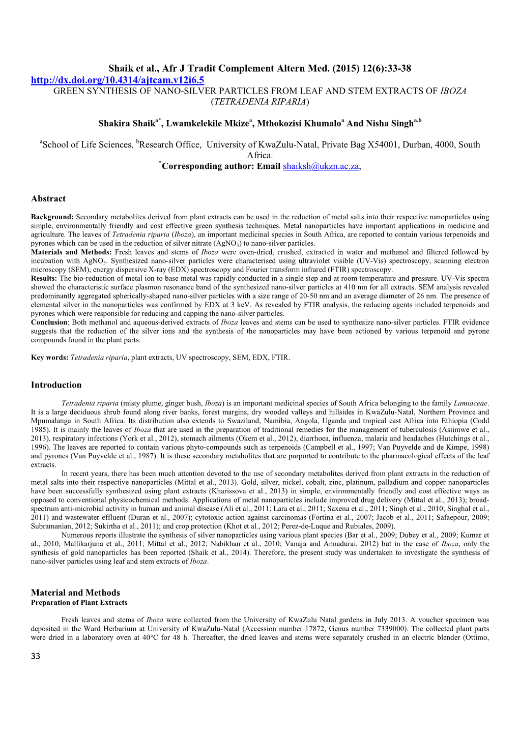 Shaik Et Al., Afr J Tradit Complement Altern Med. (2015) 12(6):33-38