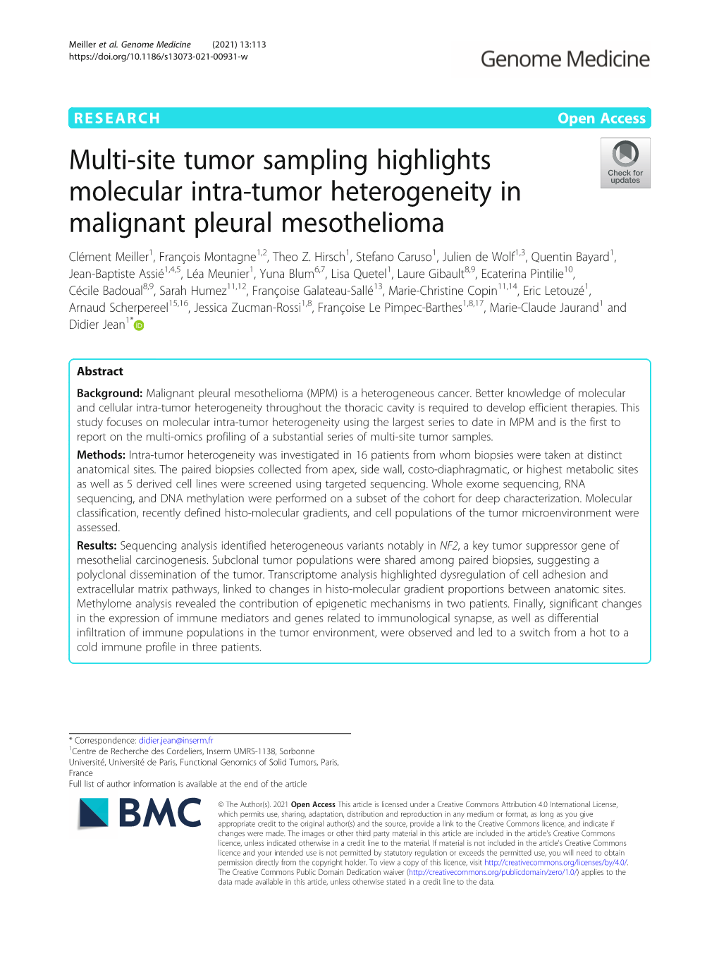 Multi-Site Tumor Sampling Highlights Molecular Intra-Tumor Heterogeneity in Malignant Pleural Mesothelioma Clément Meiller1, François Montagne1,2, Theo Z