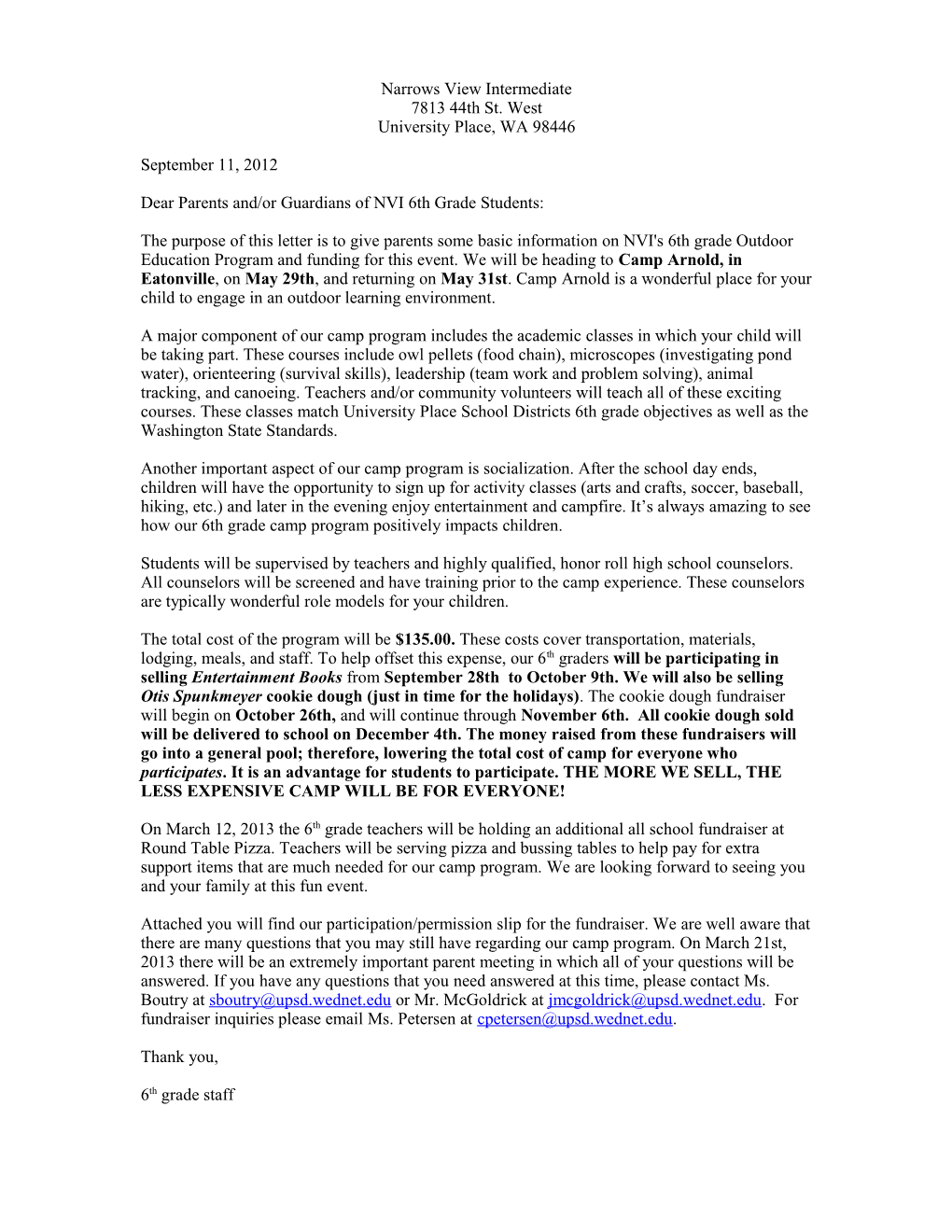 Camp Parent Letter