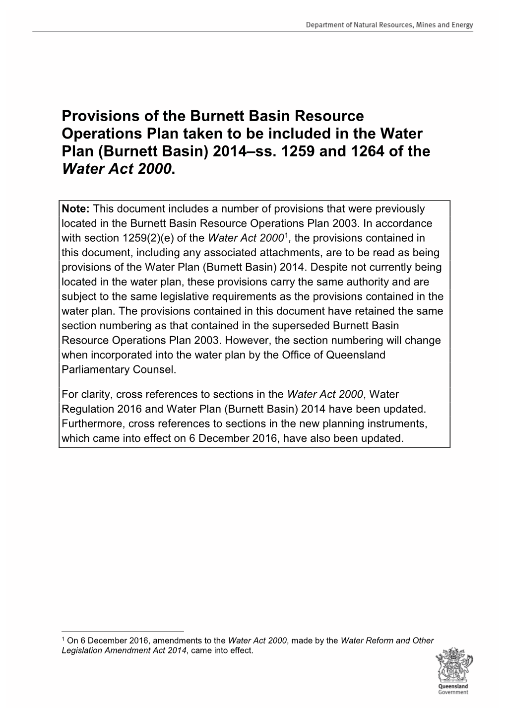 Provisions of the Burnett Basin Resource Operations Plan Taken to Be Included in the Water Plan (Burnett Basin) 2014–Ss