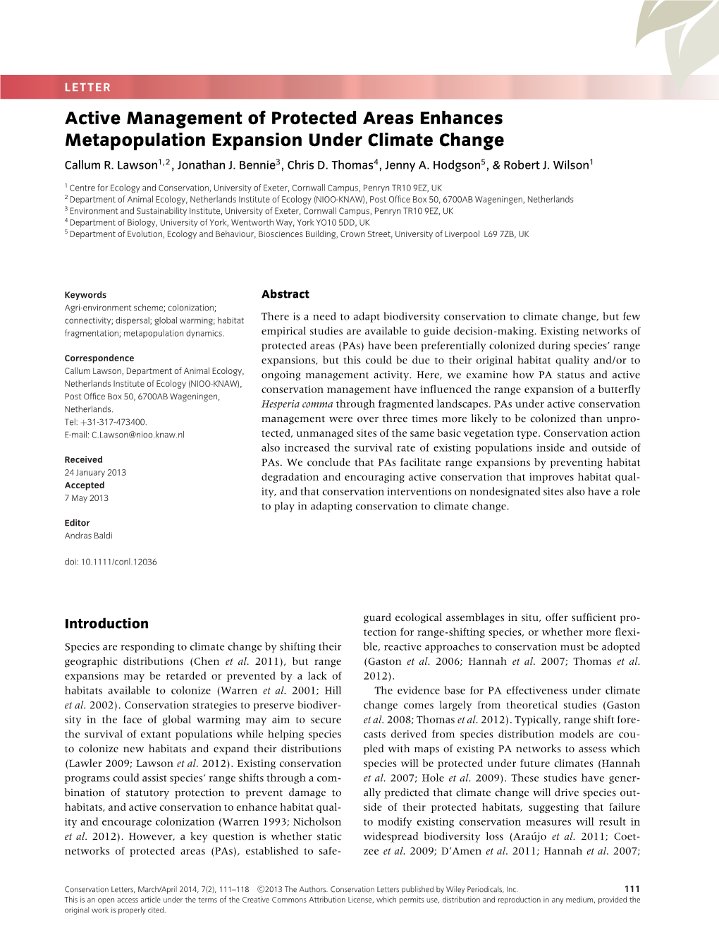 Active Management of Protected Areas Enhances Metapopulation Expansion Under Climate Change Callum R