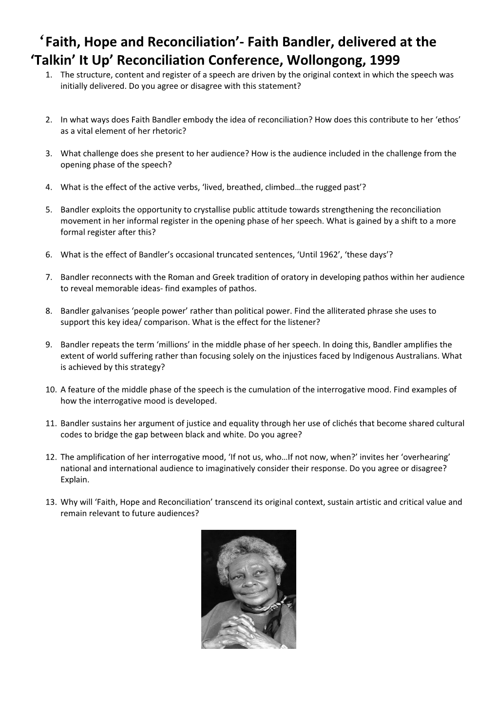 ‘Faith, Hope And Reconciliation’- Faith Bandler, Delivered At The ‘Talkin’ It Up’ Reconciliation Conference, Wollongong, 1999