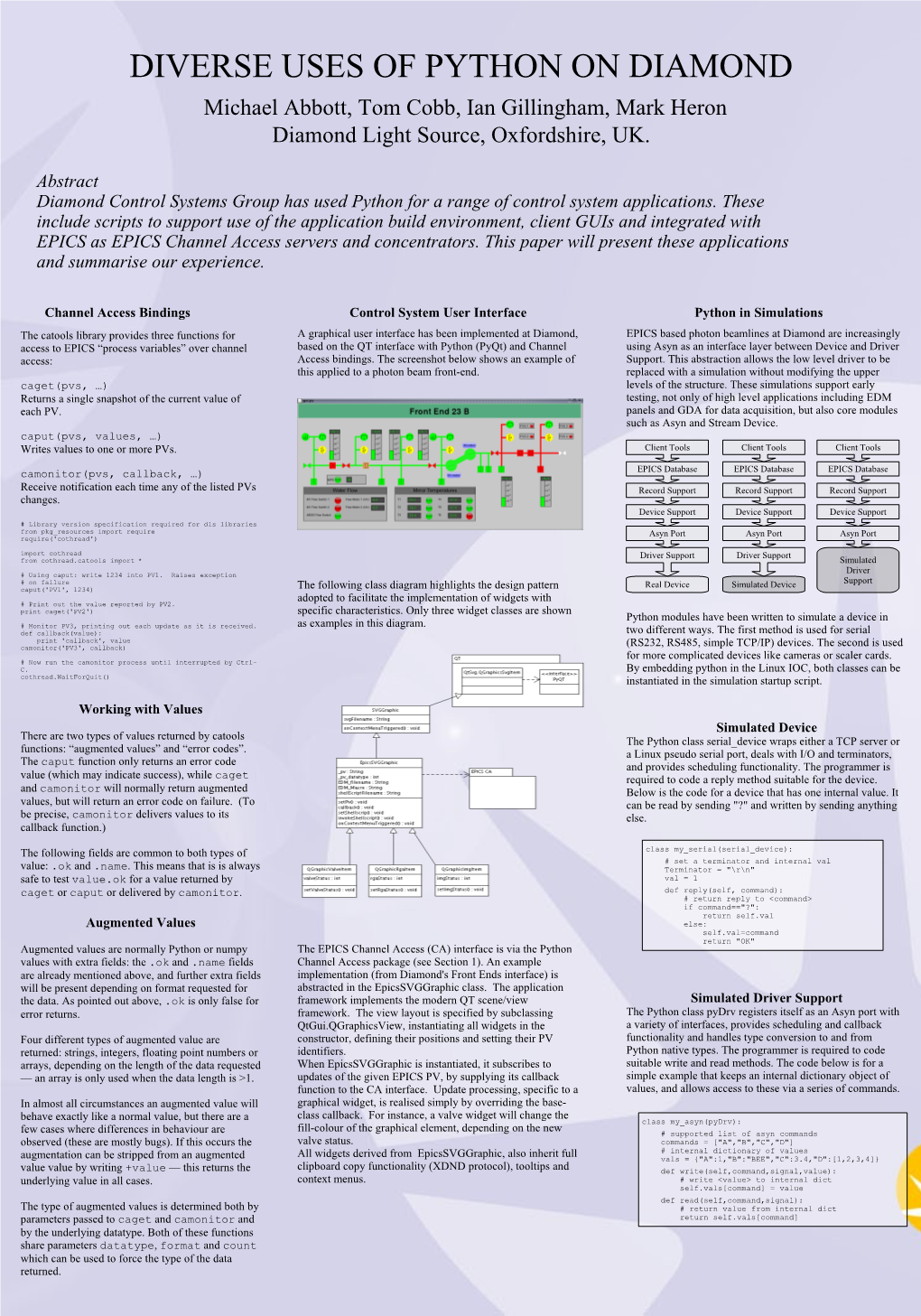 DIVERSE USES of PYTHON on DIAMOND Michael Abbott, Tom Cobb, Ian Gillingham, Mark Heron Diamond Light Source, Oxfordshire, UK