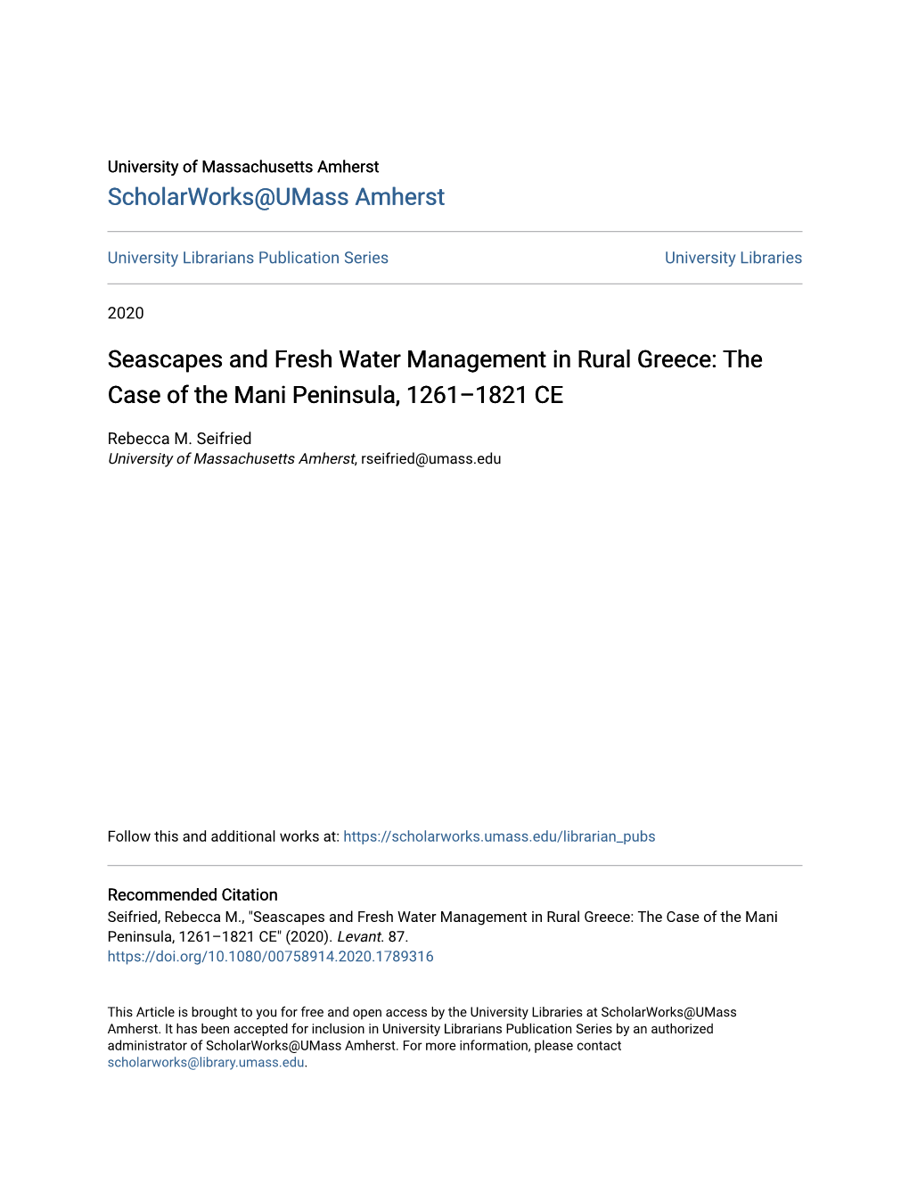 Seascapes and Fresh Water Management in Rural Greece: the Case of the Mani Peninsula, 1261–1821 CE