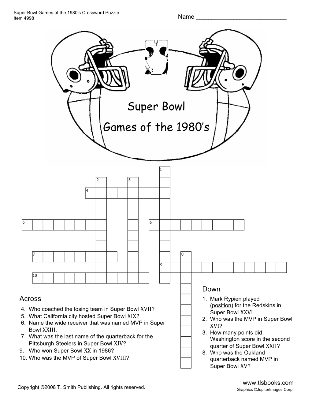 Super Bowl Games of the 1980'S Crossword Puzzle