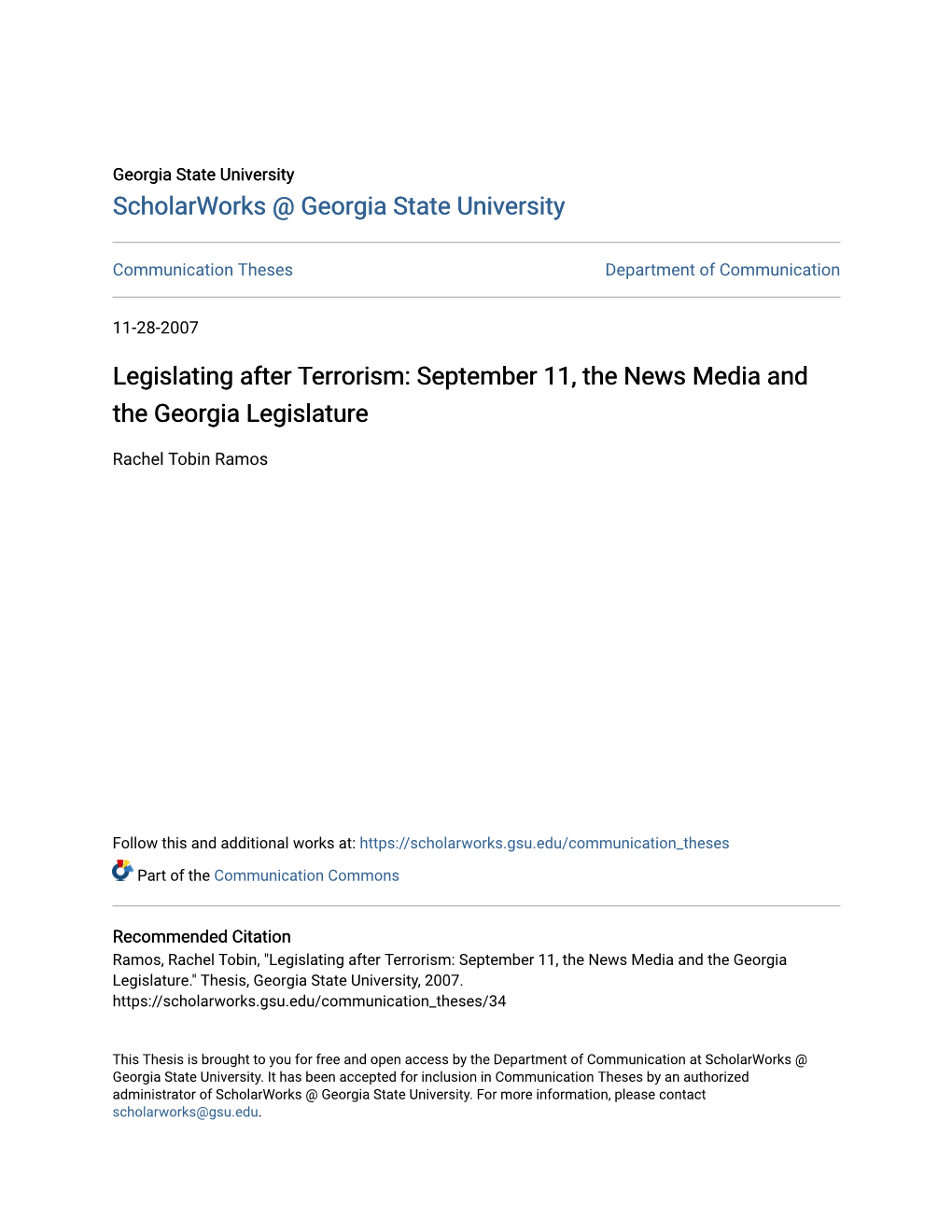 Legislating After Terrorism: September 11, the News Media and the Georgia Legislature