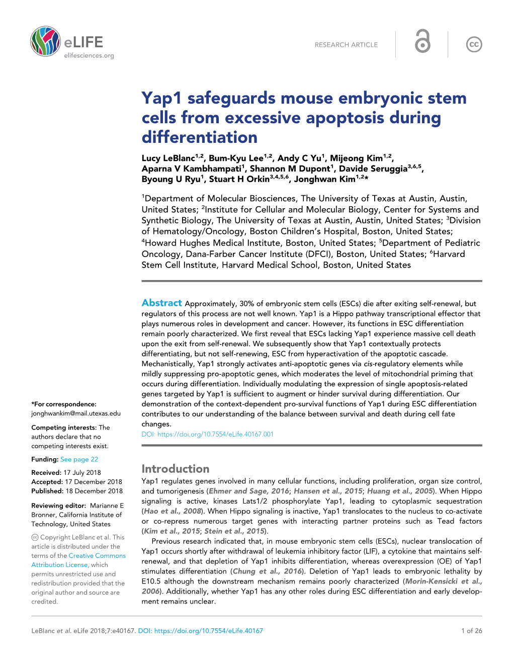 Yap1 Safeguards Mouse Embryonic Stem Cells from Excessive Apoptosis