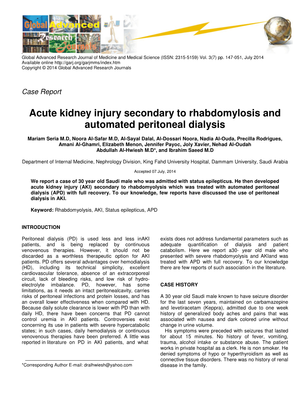 Acute Kidney Injury Secondary to Rhabdomylosis and Automated Peritoneal Dialysis