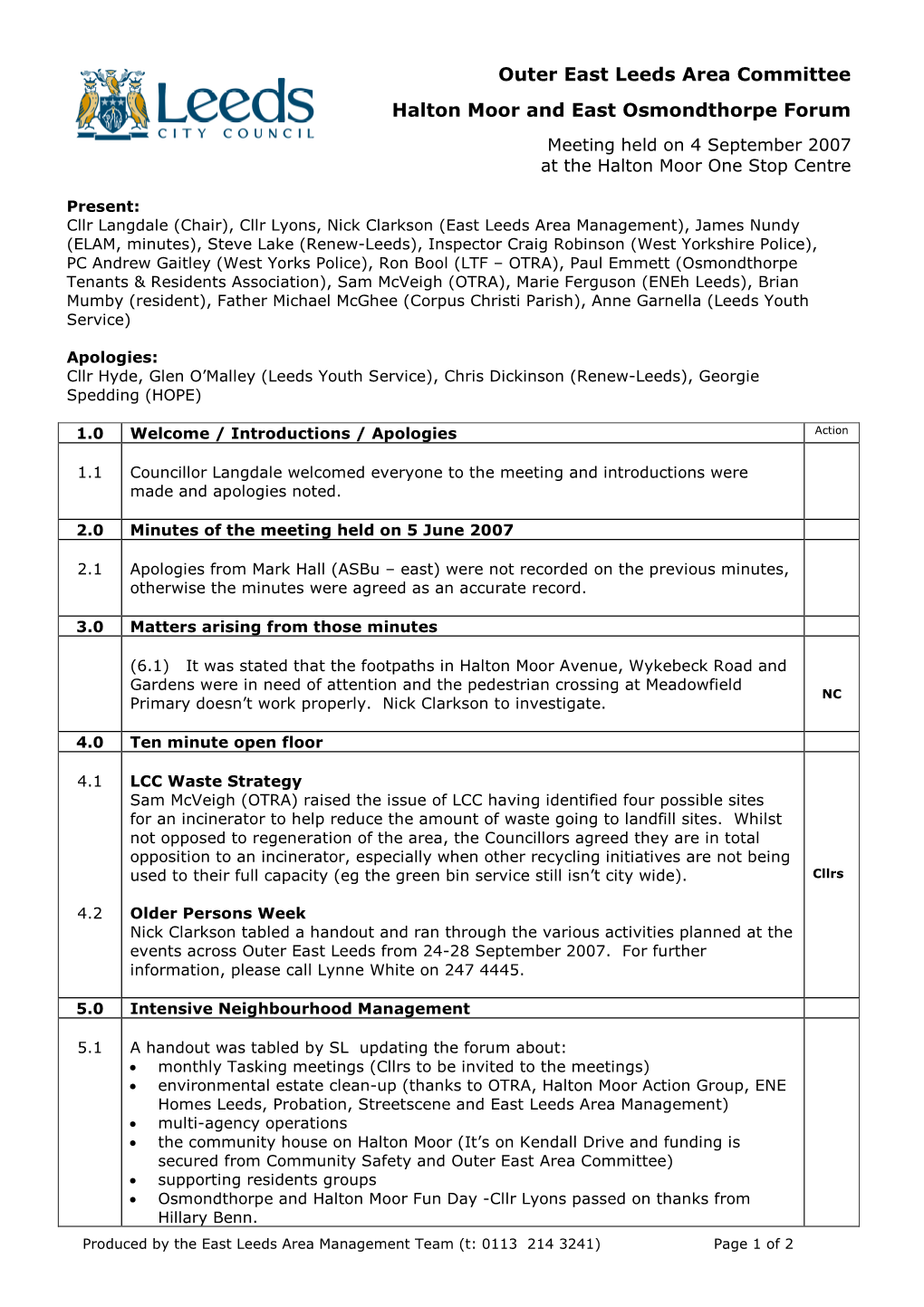 Outer East Leeds Area Committee Halton Moor and East