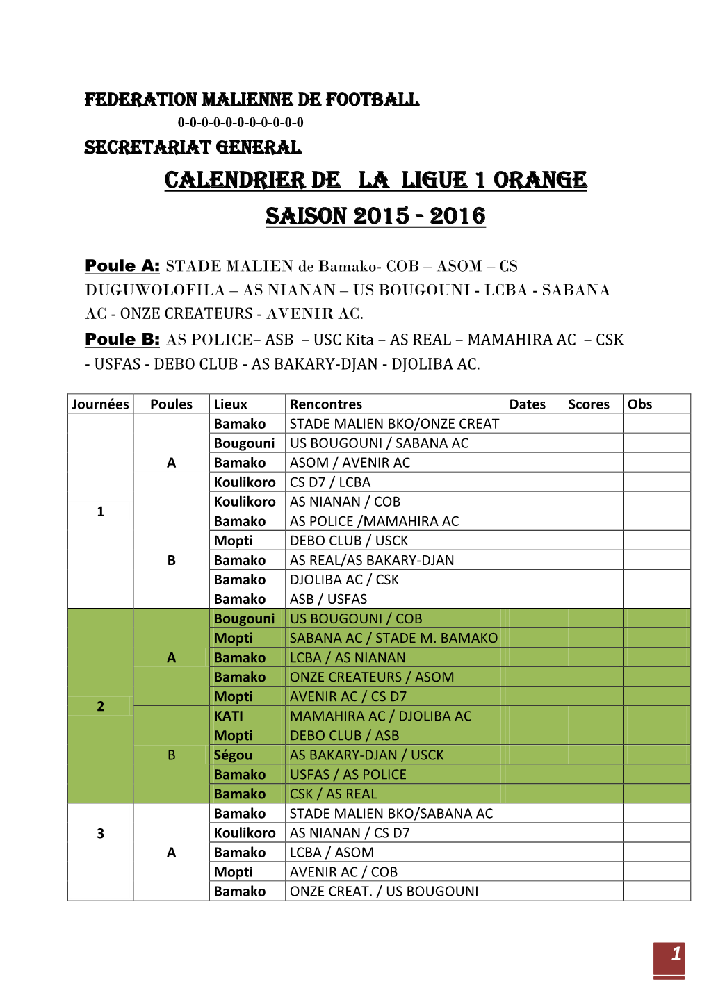 CALENDRIER DE LA LIGUE 1 Orange SAISON 2015 - 2016