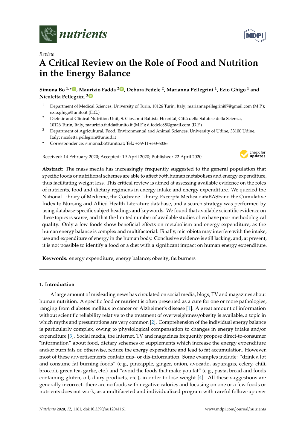 A Critical Review on the Role of Food and Nutrition in the Energy Balance