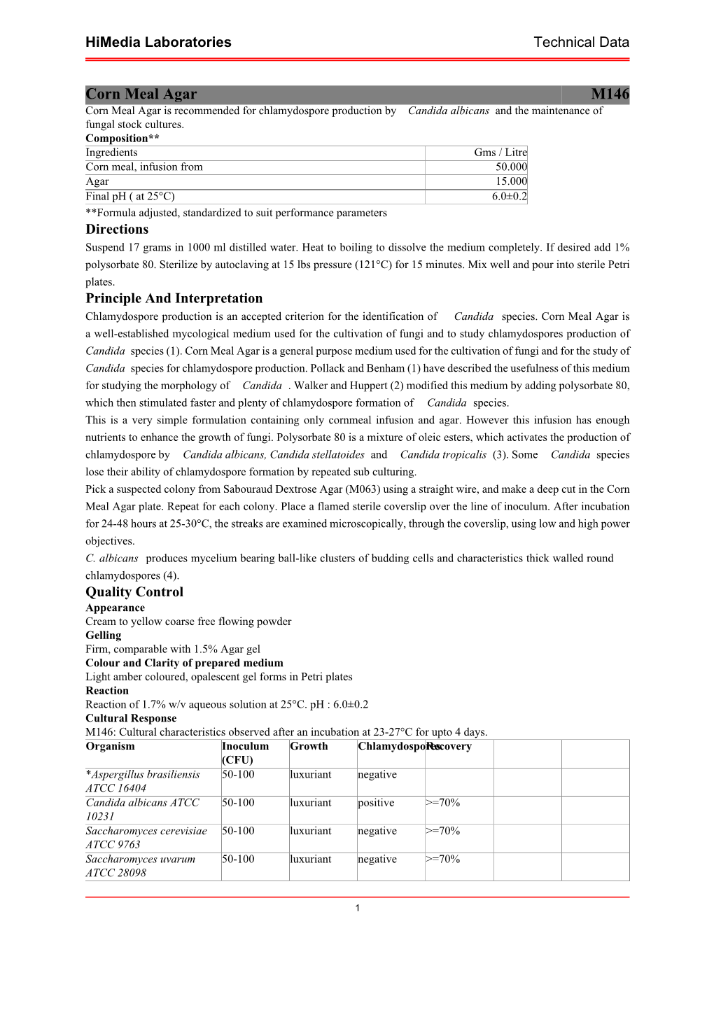 Corn Meal Agar M146 Corn Meal Agar Is Recommended for Chlamydospore Production by Candida Albicans and the Maintenance of Fungal Stock Cultures