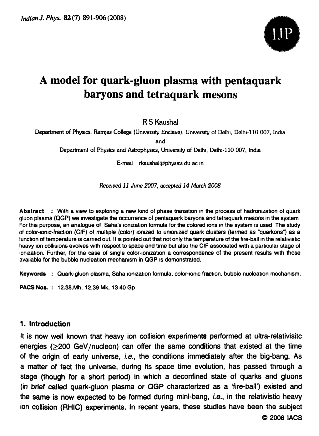 A Model for Quark-Gluon Plasma with Pentaquark Baryons and Tetraquark Mesons