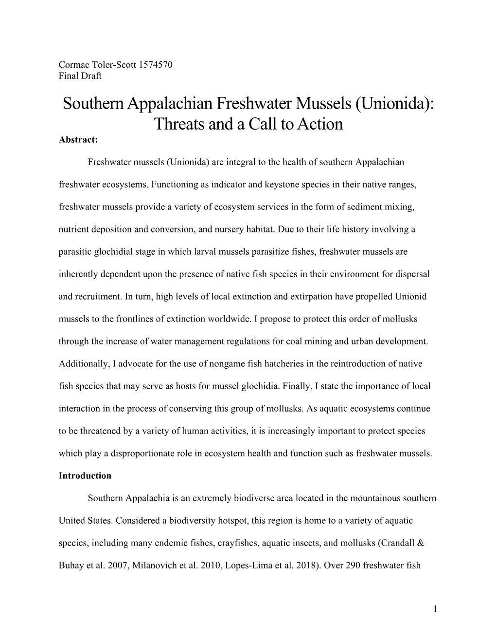 Southern Appalachian Freshwater Mussels (Unionida): Threats and a Call to Action Abstract