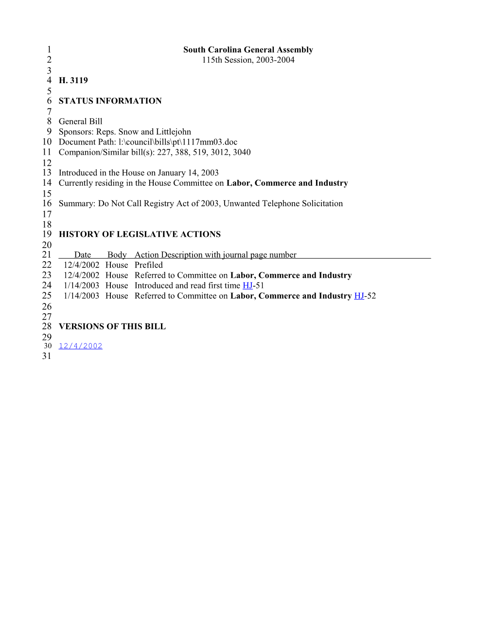 2003-2004 Bill 3119: Do Not Call Registry Act of 2003, Unwanted Telephone Solicitation