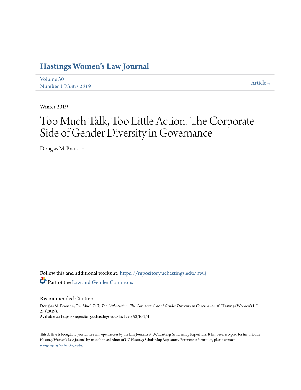 Too Much Talk, Too Little Action: the Orc Porate Side of Gender Diversity in Governance Douglas M