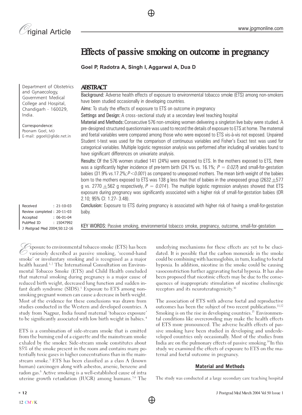 Effects of Passive Smoking on Outcome in Pregnancy