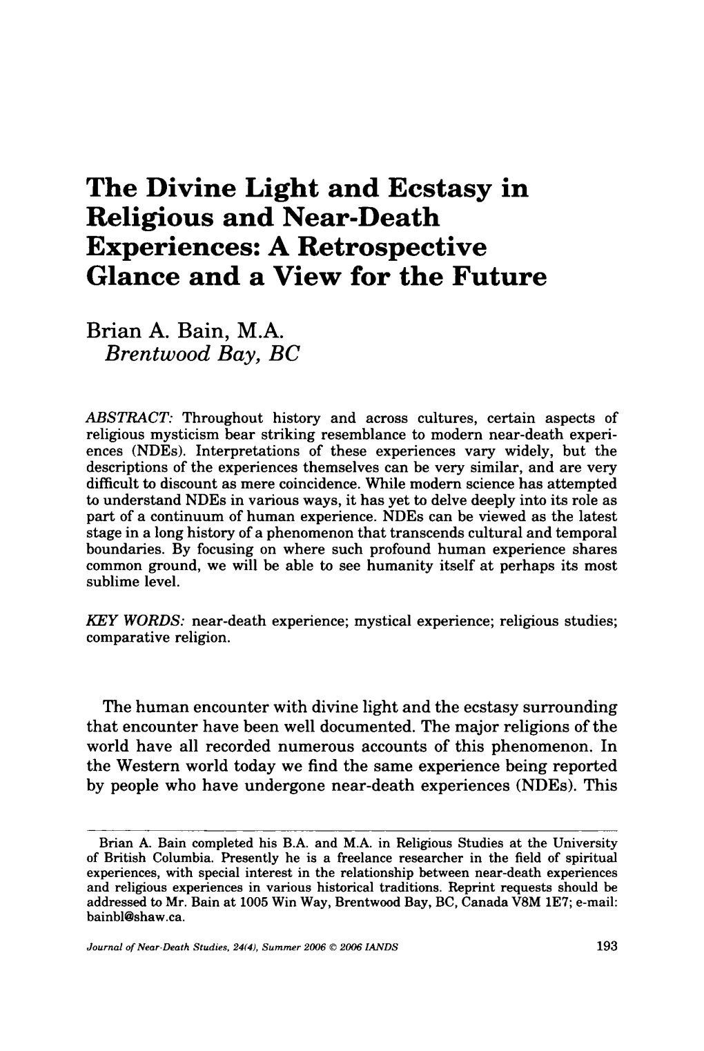 The Divine Light and Ecstasy in Religious and Near-Death Experiences: a Retrospective Glance and a View for the Future