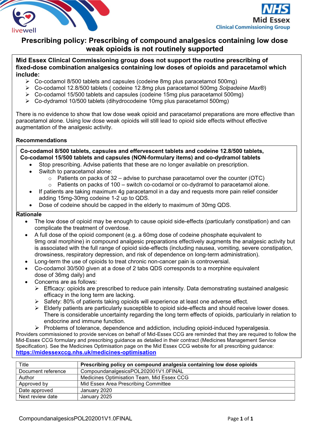 Prescribing of Compound Analgesics Containing Low