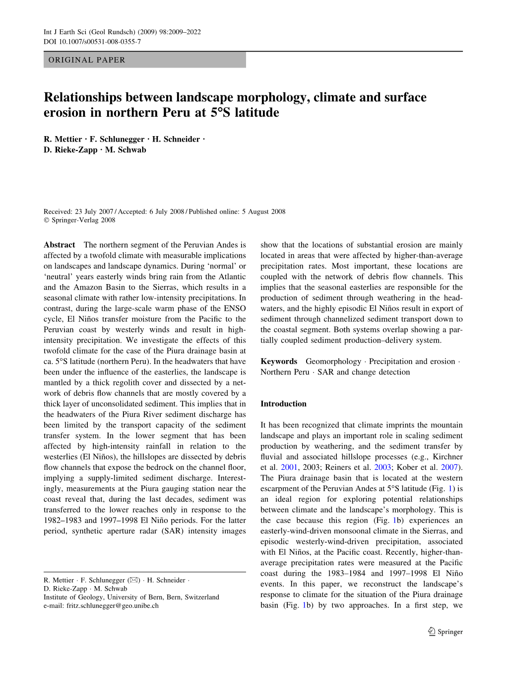 Relationships Between Landscape Morphology, Climate and Surface Erosion in Northern Peru at 5°S Latitude