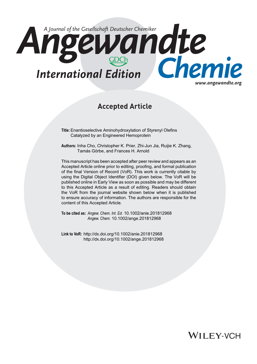 Enantioselective Aminohydroxylation of Styrenyl Olefins Catalyzed by an Engineered Hemoprotein