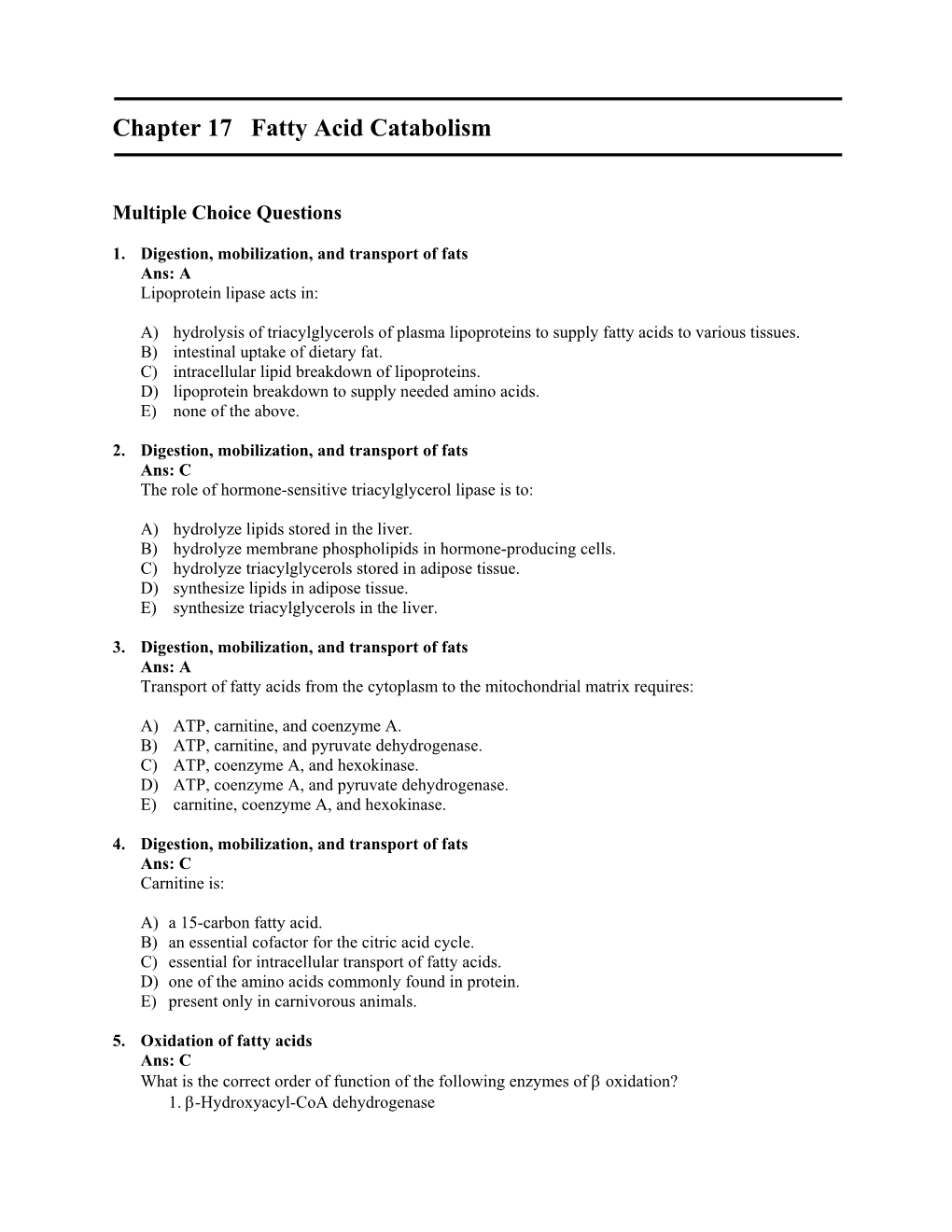 Chapter 17 Fatty Acid Catabolism