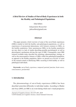A Brief Review of Studies of Out-Of-Body Experiences in Both the Healthy and Pathological Populations