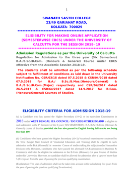 Eligibility Criteria for Admission 2018-19
