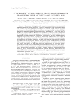 Stoichiometry and Planktonic Grazer Composition Over Gradients of Light, Nutrients, and Predation Risk