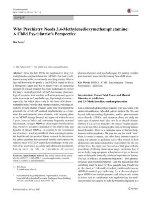 Why Psychiatry Needs 3,4-Methylenedioxymethamphetamine: Achildpsychiatrist’S Perspective