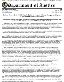 Kellogg Brown & Root LLC Pleads Guilty to Foreign Bribery Charges and Agrees to Pay $402 Million Criminal Fine Page 1 Of