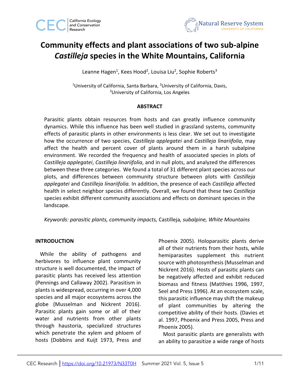 Community Effects and Plant Associations of Two Sub-Alpine Castilleja Species in the White Mountains, California