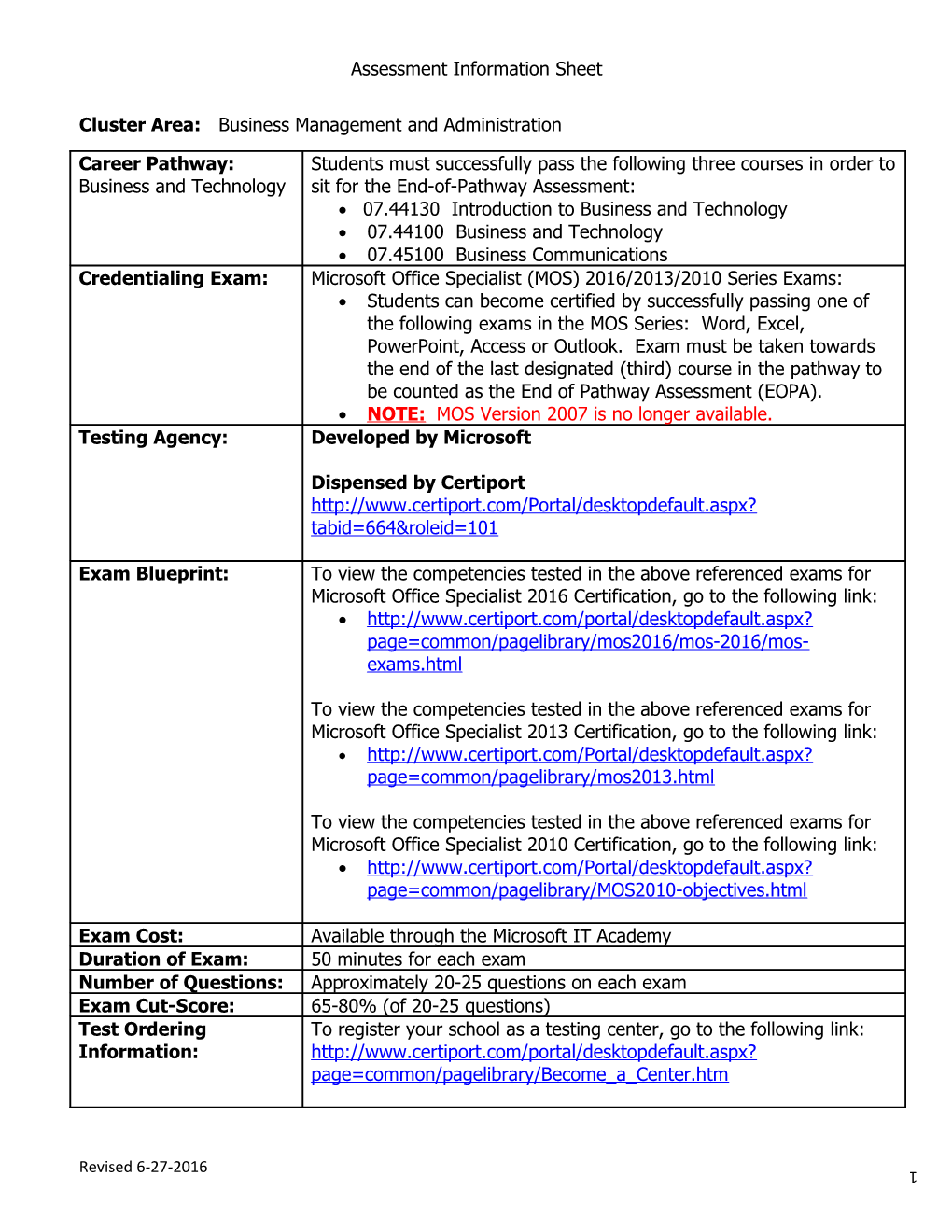 Cluster Area: Business Management and Administration