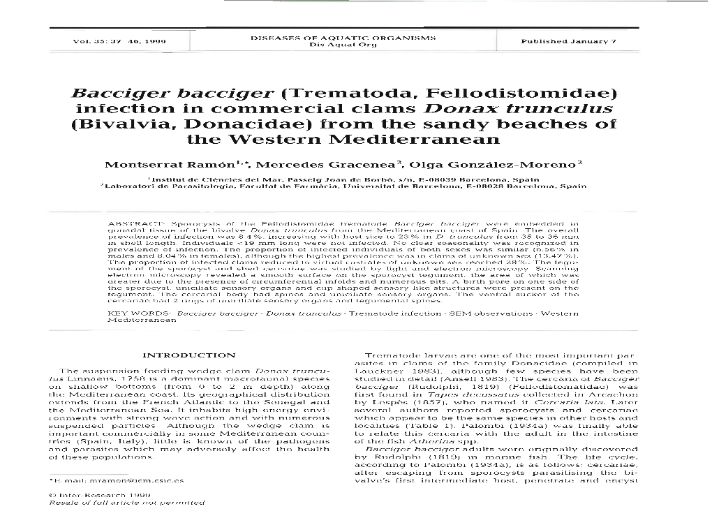 Bacciger Bacciger (Trematoda, Fellodistomidae) Infection in Commercial Clams Donax Trunculus (Bivalvia, Donacidae) from the Sand