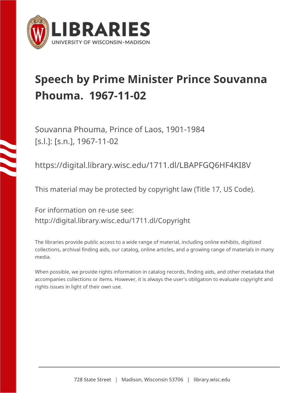 Speech by Prime Minister Prince Souvanna Phouma. 1967-11-02