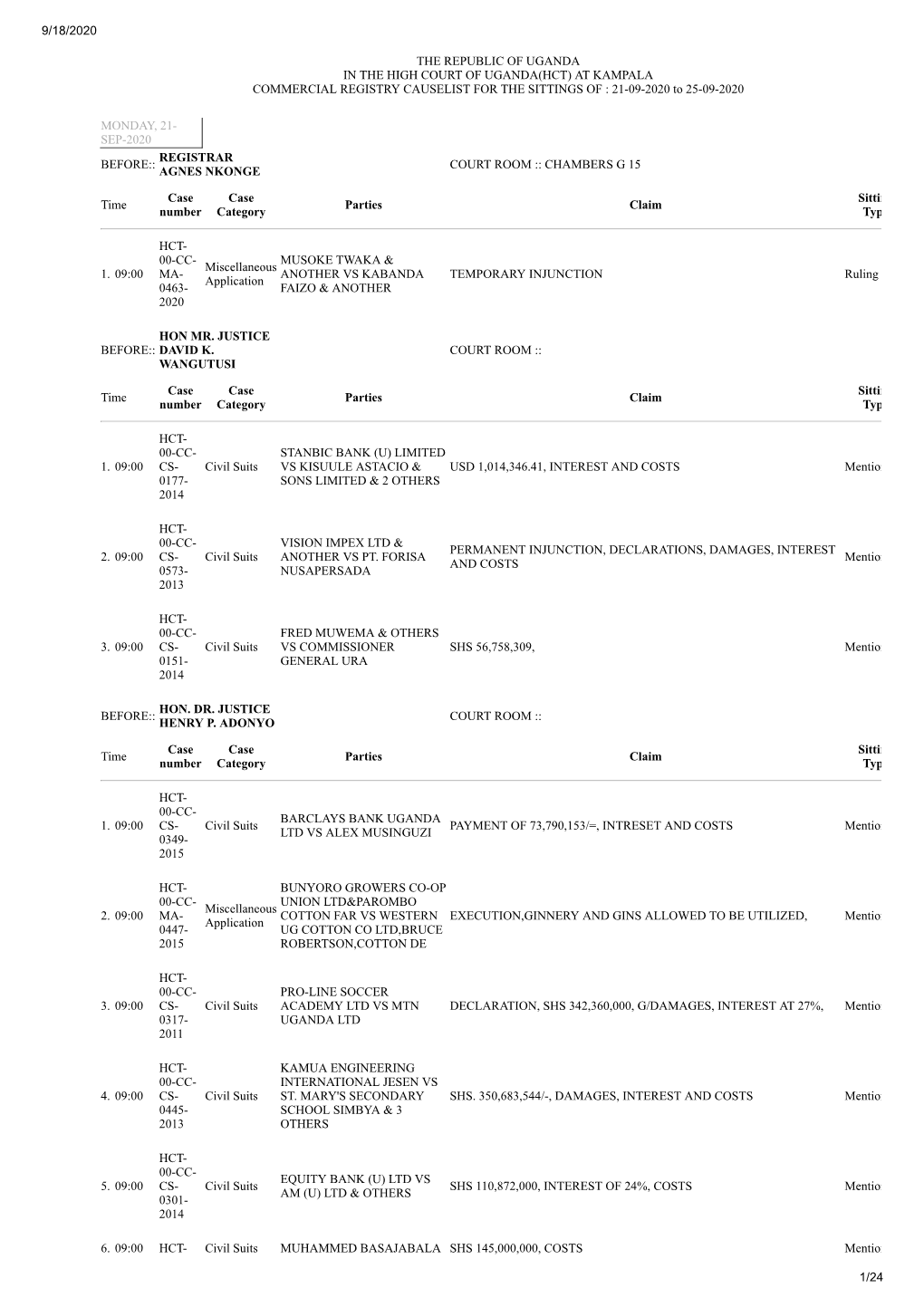 THE REPUBLIC of UGANDA in the HIGH COURT of UGANDA(HCT) at KAMPALA COMMERCIAL REGISTRY CAUSELIST for the SITTINGS of : 21-09-2020 to 25-09-2020