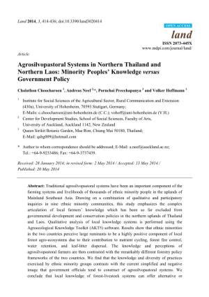 Agrosilvopastoral Systems in Northern Thailand and Northern Laos: Minority Peoples’ Knowledge Versus Government Policy