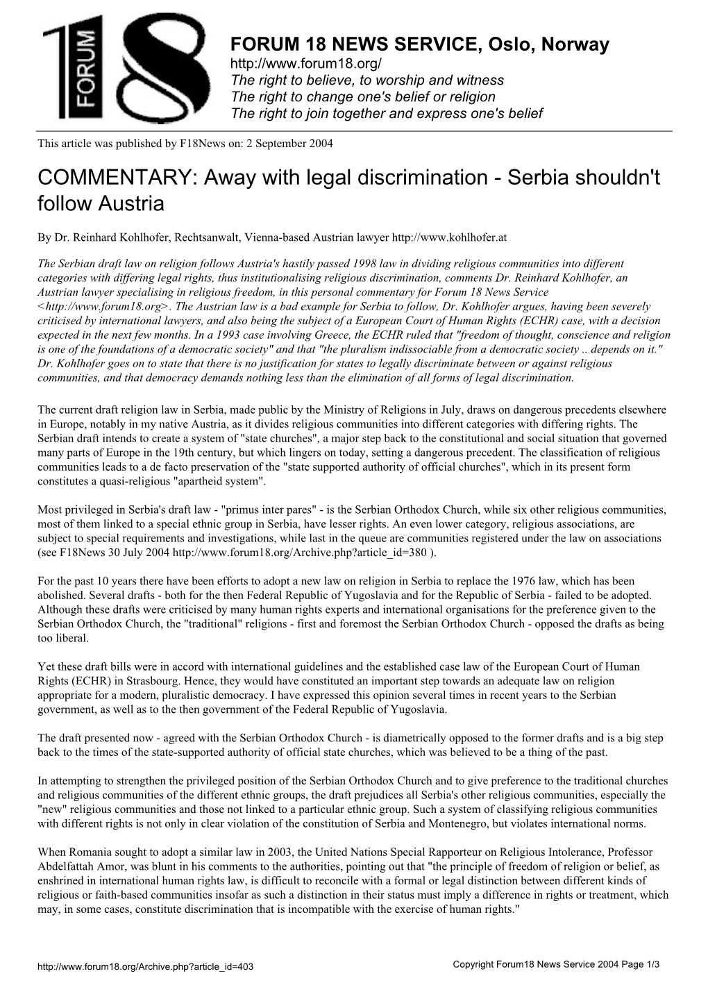 COMMENTARY: Away with Legal Discrimination - Serbia Shouldn't Follow Austria