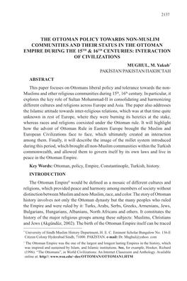 The Ottoman Policy Towards Non-Muslim Communities and Their Status in the Ottoman Empire During the 15Th & 16Th Centuries: Interaction of Civilizations Mughul, M