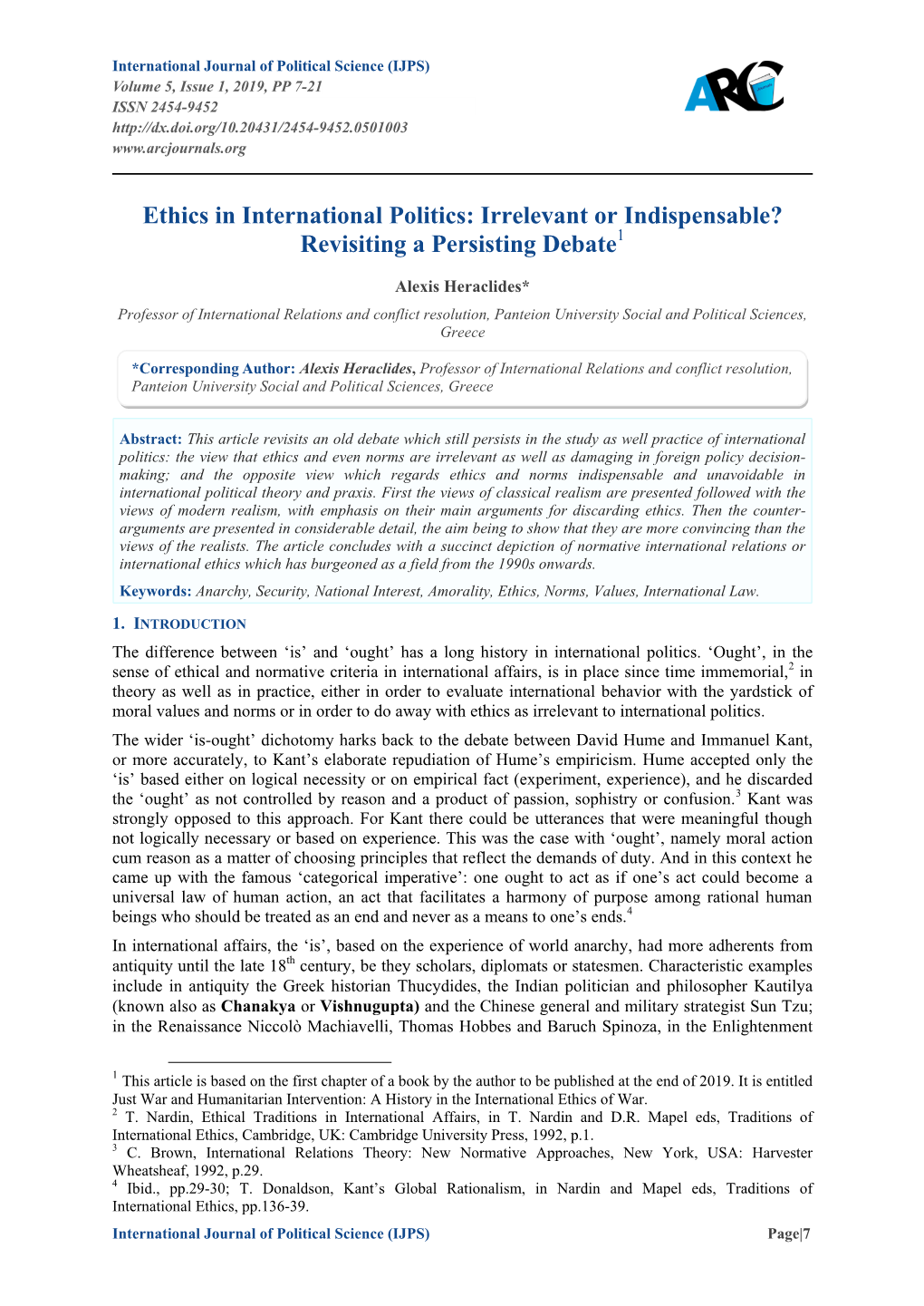 Ethics in International Politics: Irrelevant Or Indispensable? Revisiting a Persisting Debate1