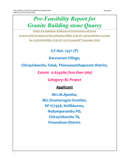 Pre-Feasibility Report for Granite Building Stone Quarry