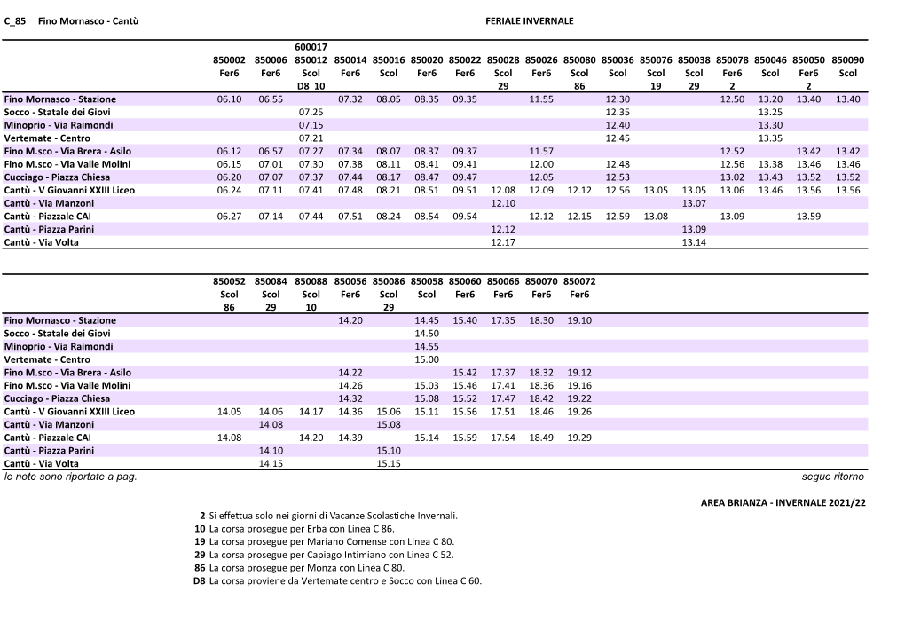 C 85 Fino Mornasco - Cantù FERIALE INVERNALE