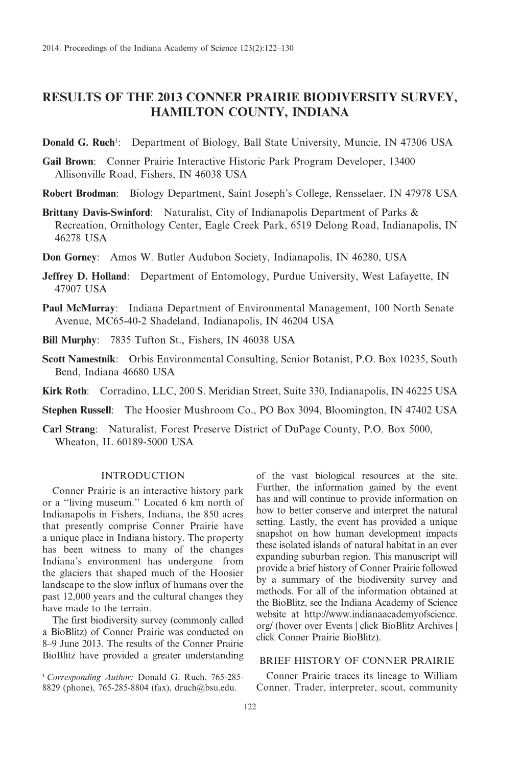 Results of the 2013 Conner Prairie Biodiversity Survey, Hamilton County, Indiana