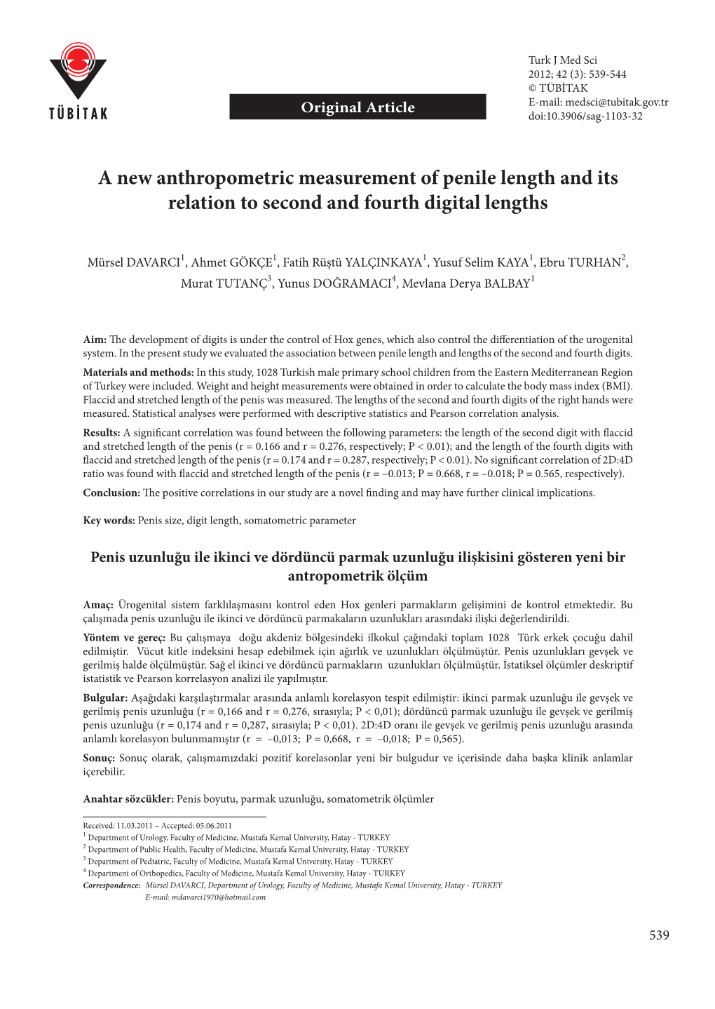 A New Anthropometric Measurement of Penile Length and Its Relation to Second and Fourth Digital Lengths