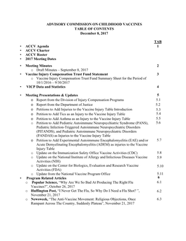 ADVISORY COMMISSION on CHILDHOOD VACCINES TABLE of CONTENTS December 8, 2017