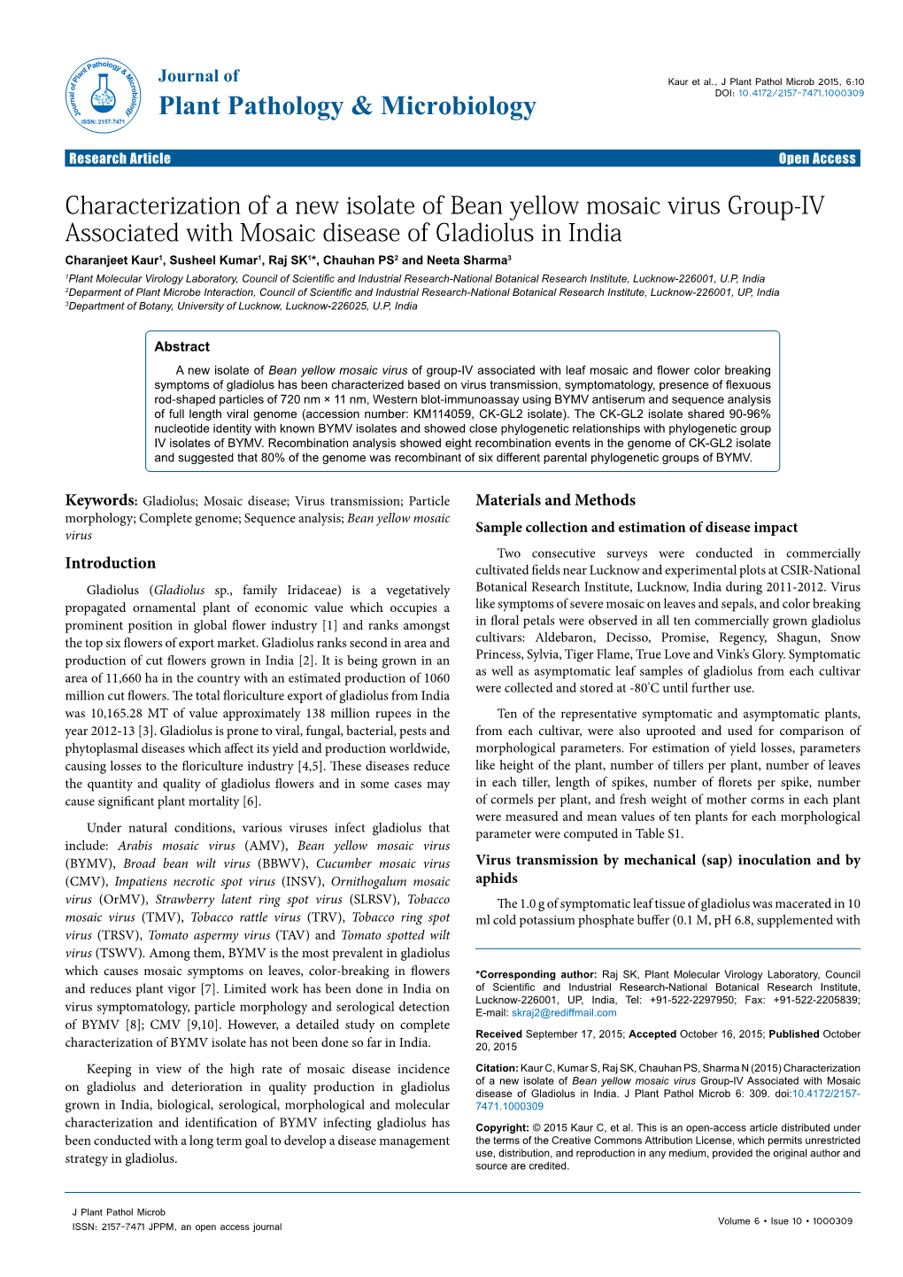 Characterization of a New Isolate of Bean Yellow Mosaic Virus Group-IV