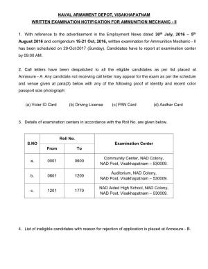 Naval Armament Depot, Visakhapatnam Written Examination Notification for Ammunition Mechanic - Ii