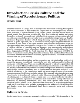 Crisis Culture and the Waning of Revolutionary Politics STEVEN BEST