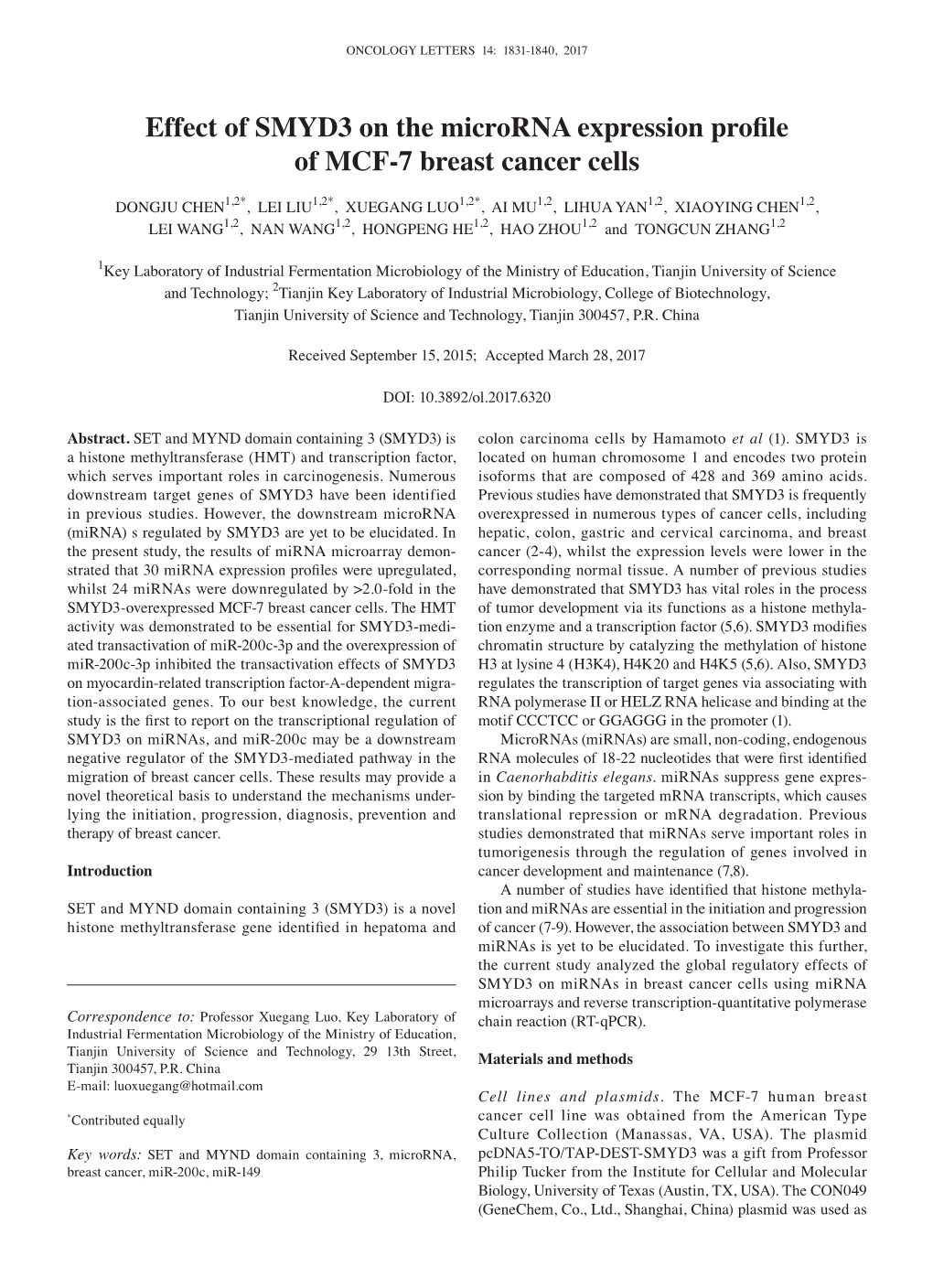 Effect Of SMYD3 On The Microrna Expression Profile Of MCF‑7 Breast ...